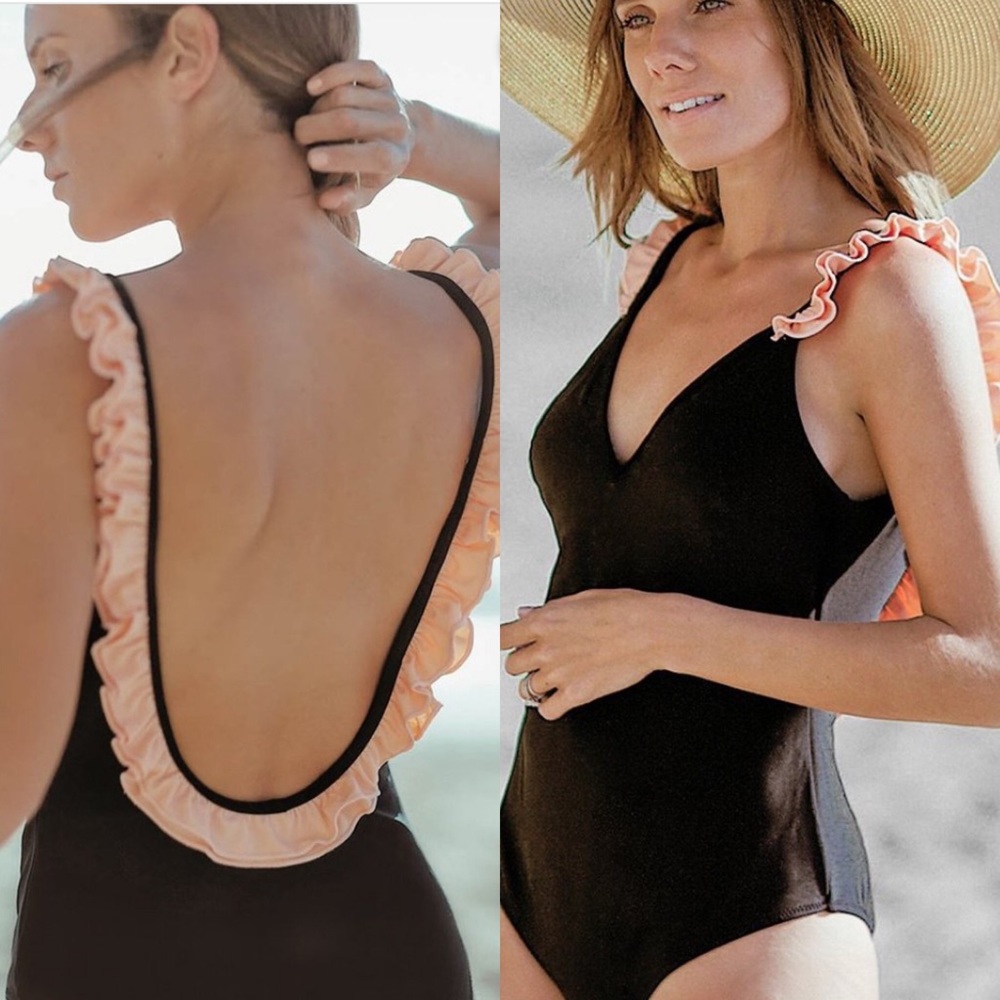 Cupshe black one piece with pink ruffle